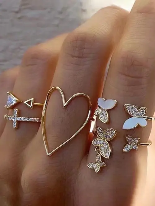 5 Pcs Rhinestone Butterflies Cross Heart Shape Cuff Rings Set