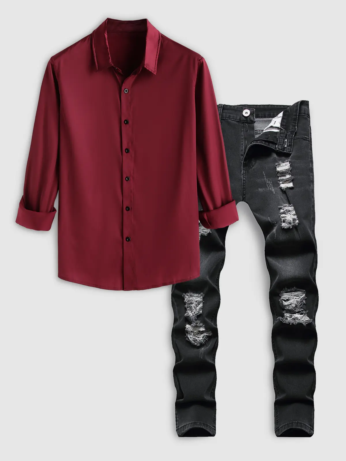 Solid Color Silky Satin Shirt and Destroyed Straight Leg Zipper Fly Jeans Set