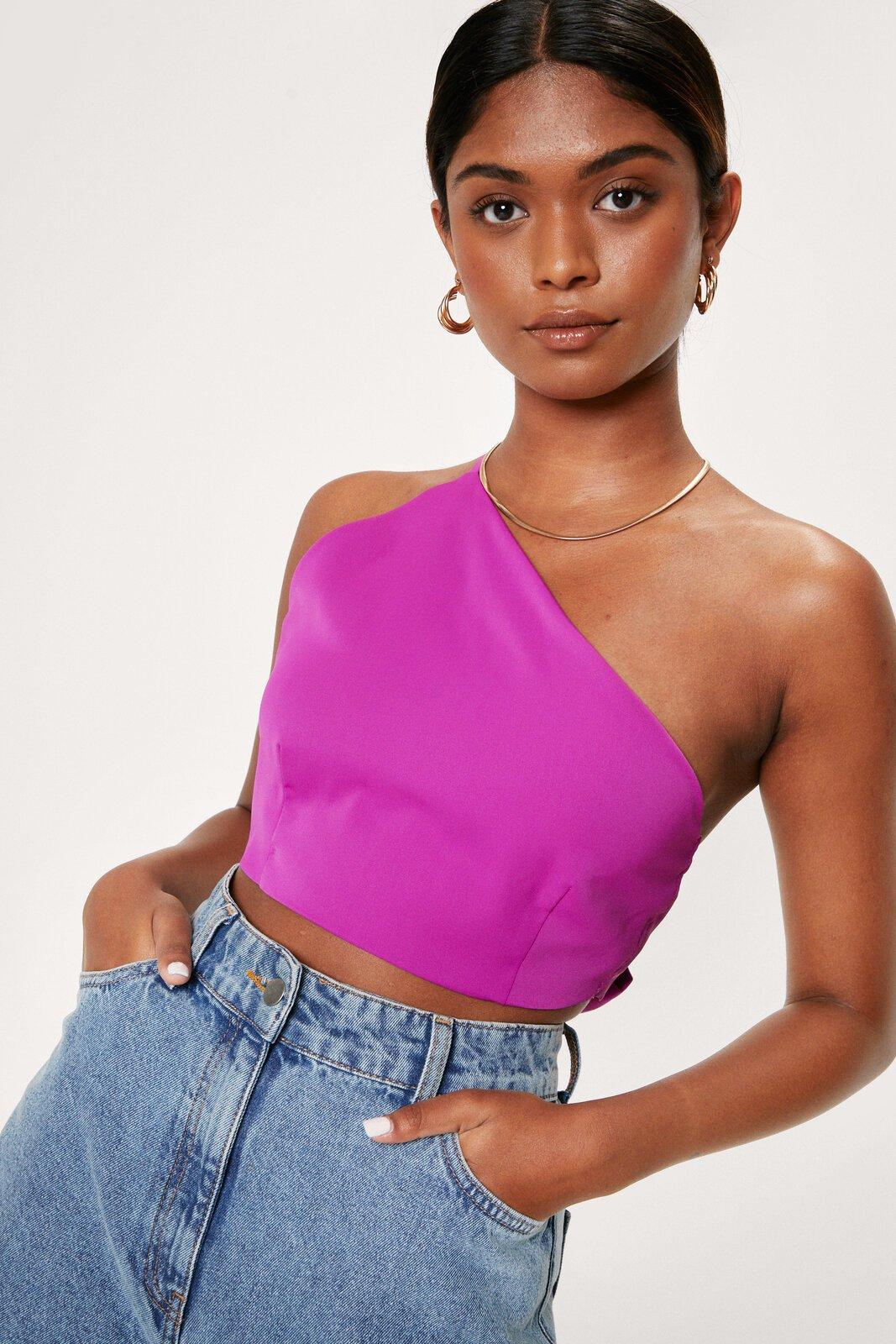 Womens Aysymmetric Bow Tie Back Crop Top - Purple - 8