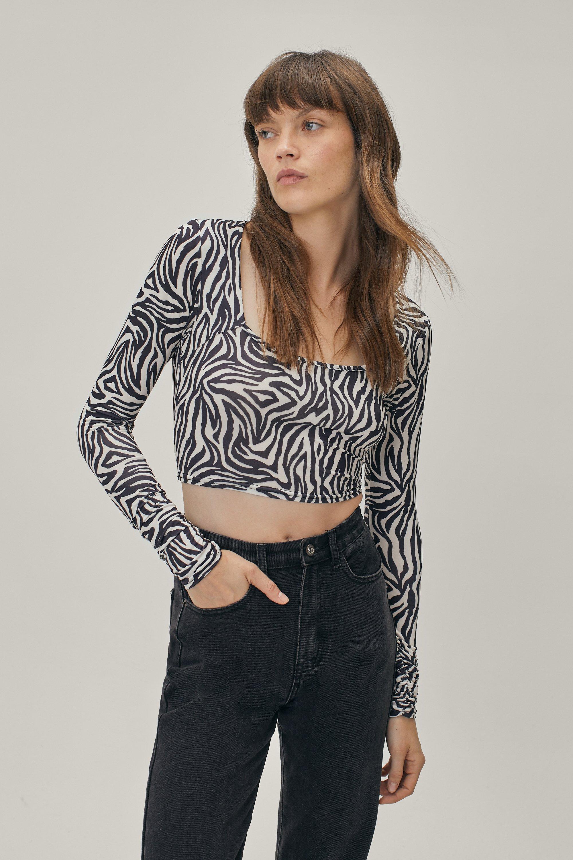 Womens Cut Out Long Sleeve Cropped Top - Zebra - 6