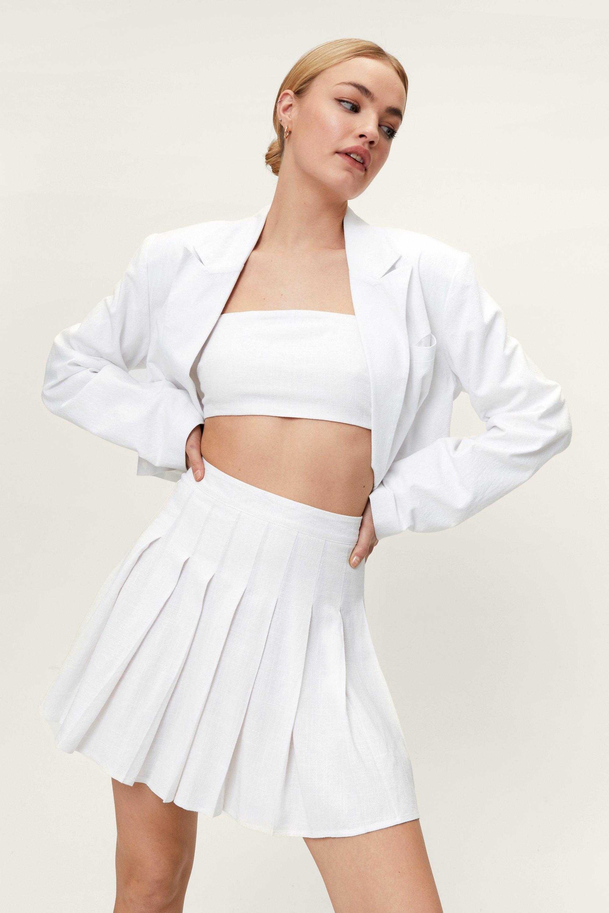 Womens Pleated Linen Tennis Mini Skirt - White - 4