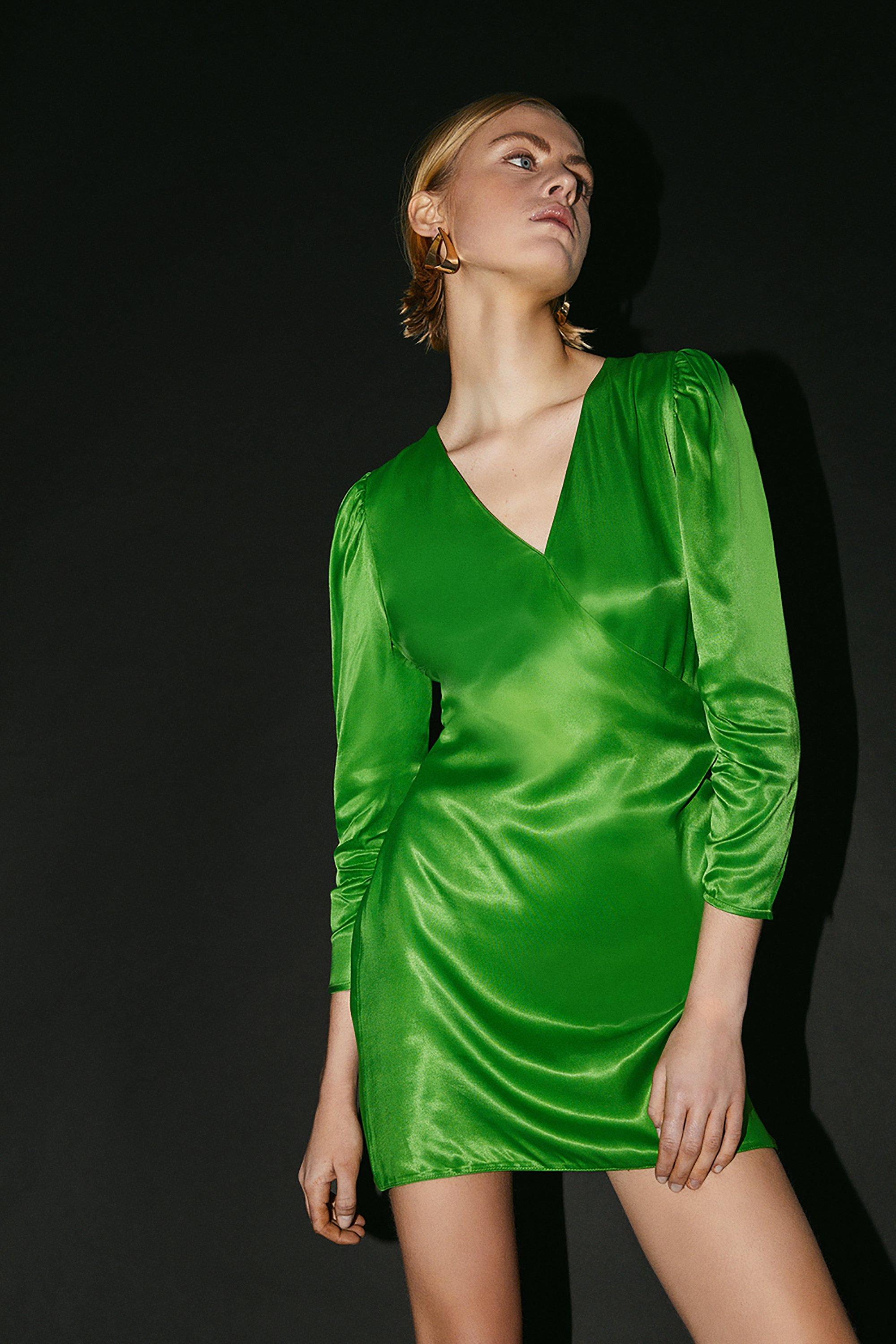 Womens Warehouse Satin Long Sleeve Wrap Mini Dress - Green - 10