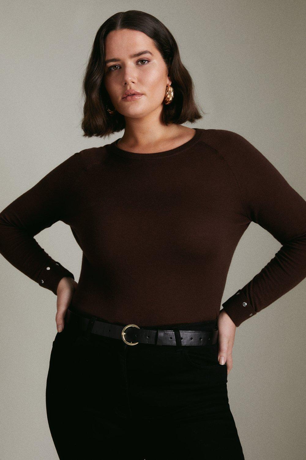 Plus size Cashmere Blend Crew Neck Trim Jumper - Brown