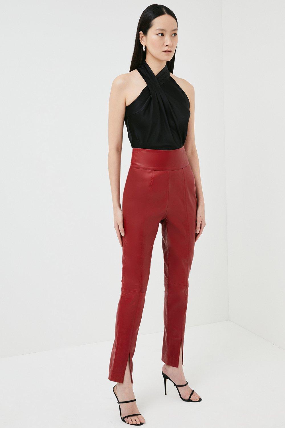 Leather Split Hem Detail Trouser. - Red