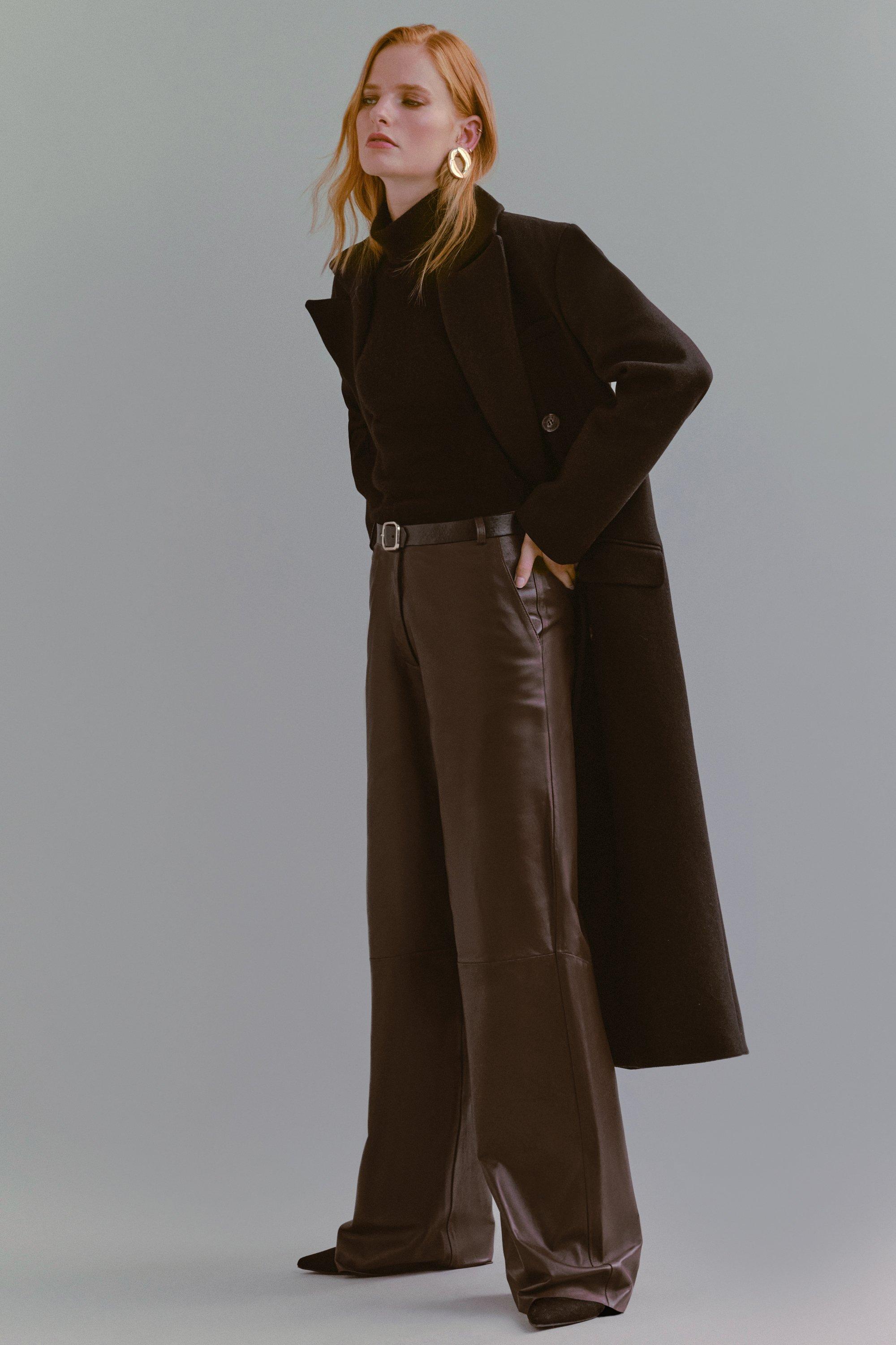 Leather Clean Wide Leg Trousers - Brown