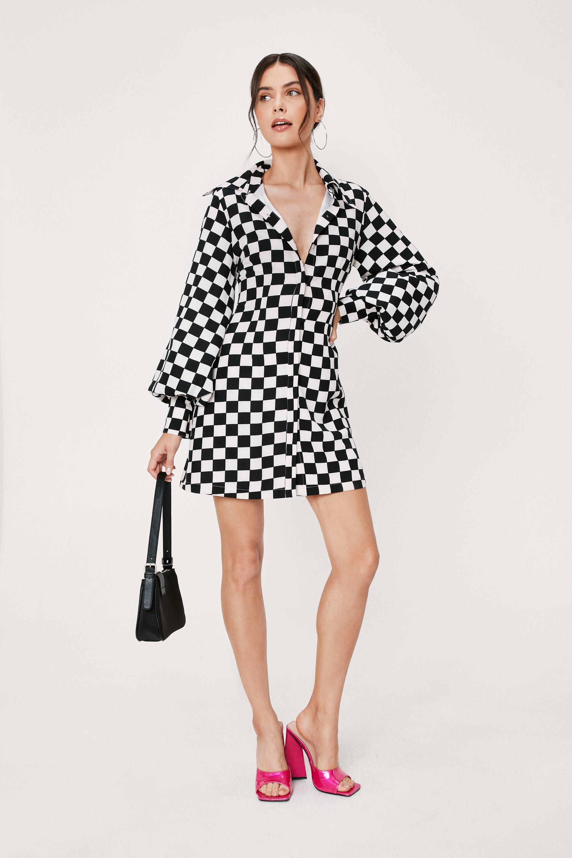 Womens Mono Check Puff Sleeve Mini Shirt Dress - Black - 8