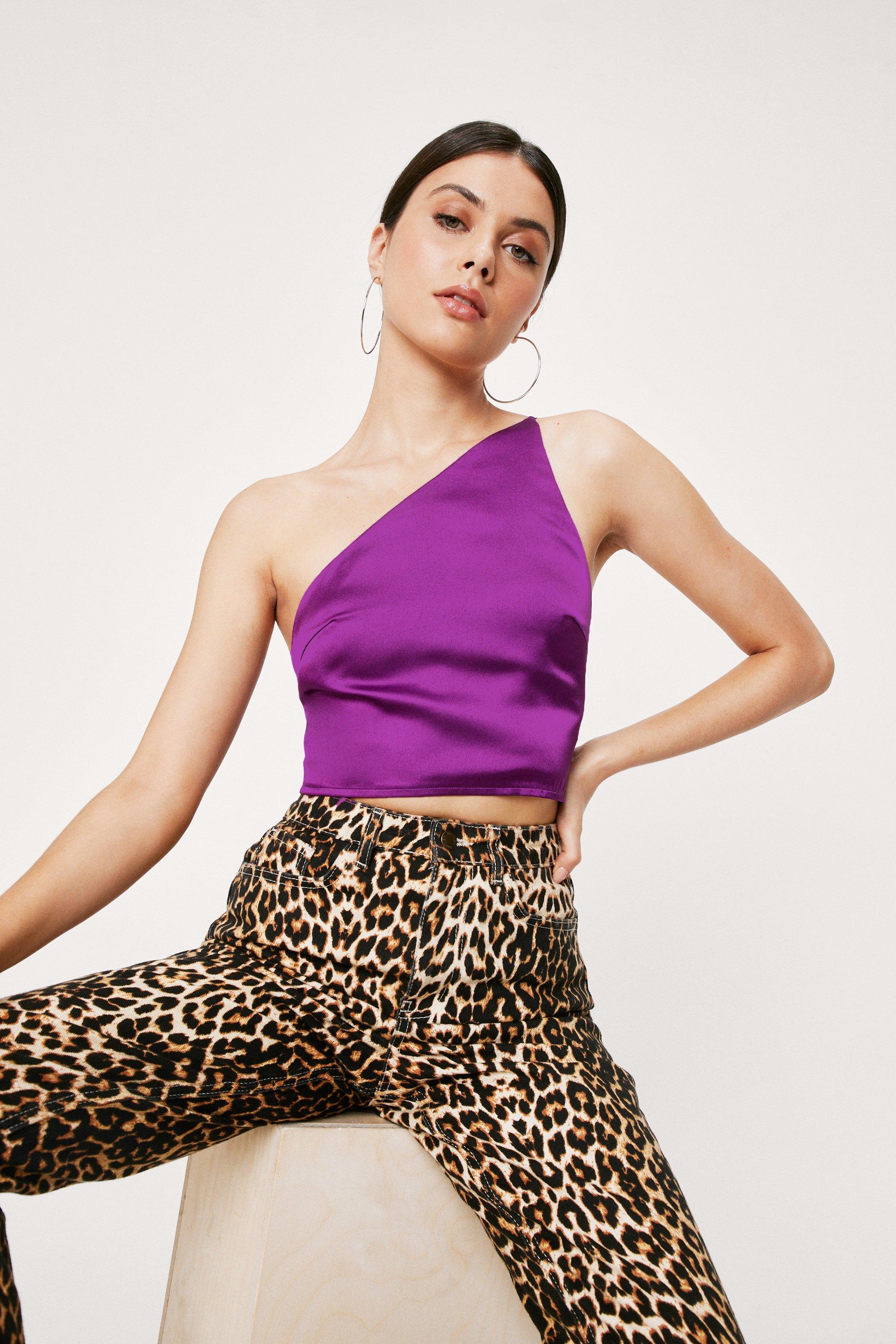 Womens Satin One Shoulder Asymmetric Crop Top - Purple - 8