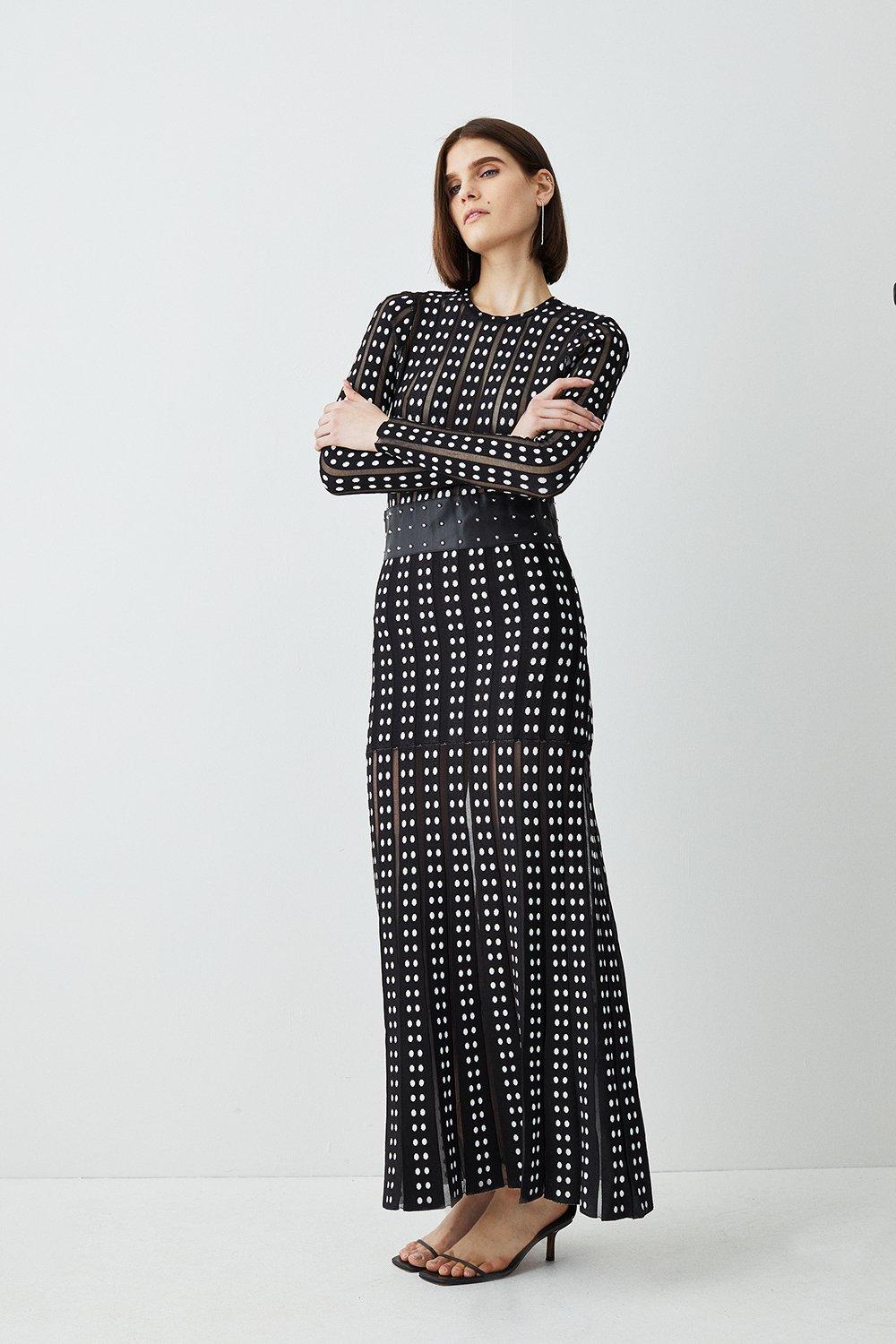 Sheer Knit Polka Dot Stud Detail Jacquard Maxi Dress - Black_White