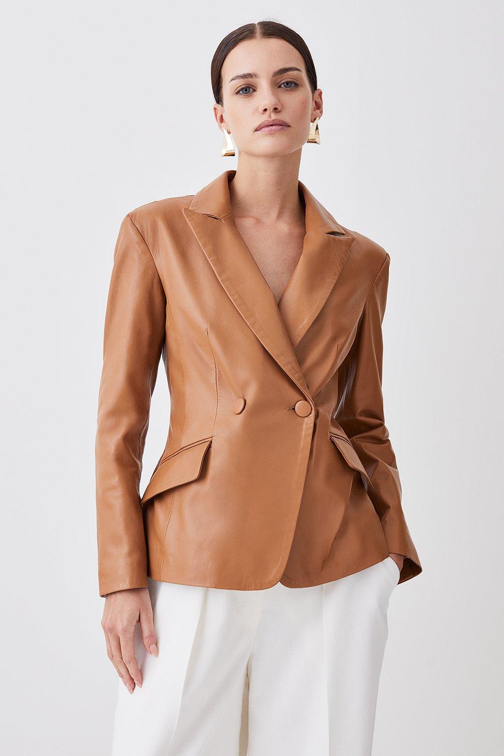 Petite Leather Corset Waist Back Tailored Blazer Jacket - Camel