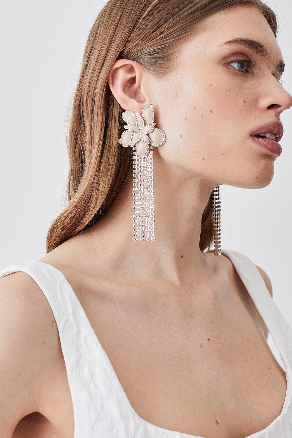 Flower Statement Diamante Drop Earrings - Pink