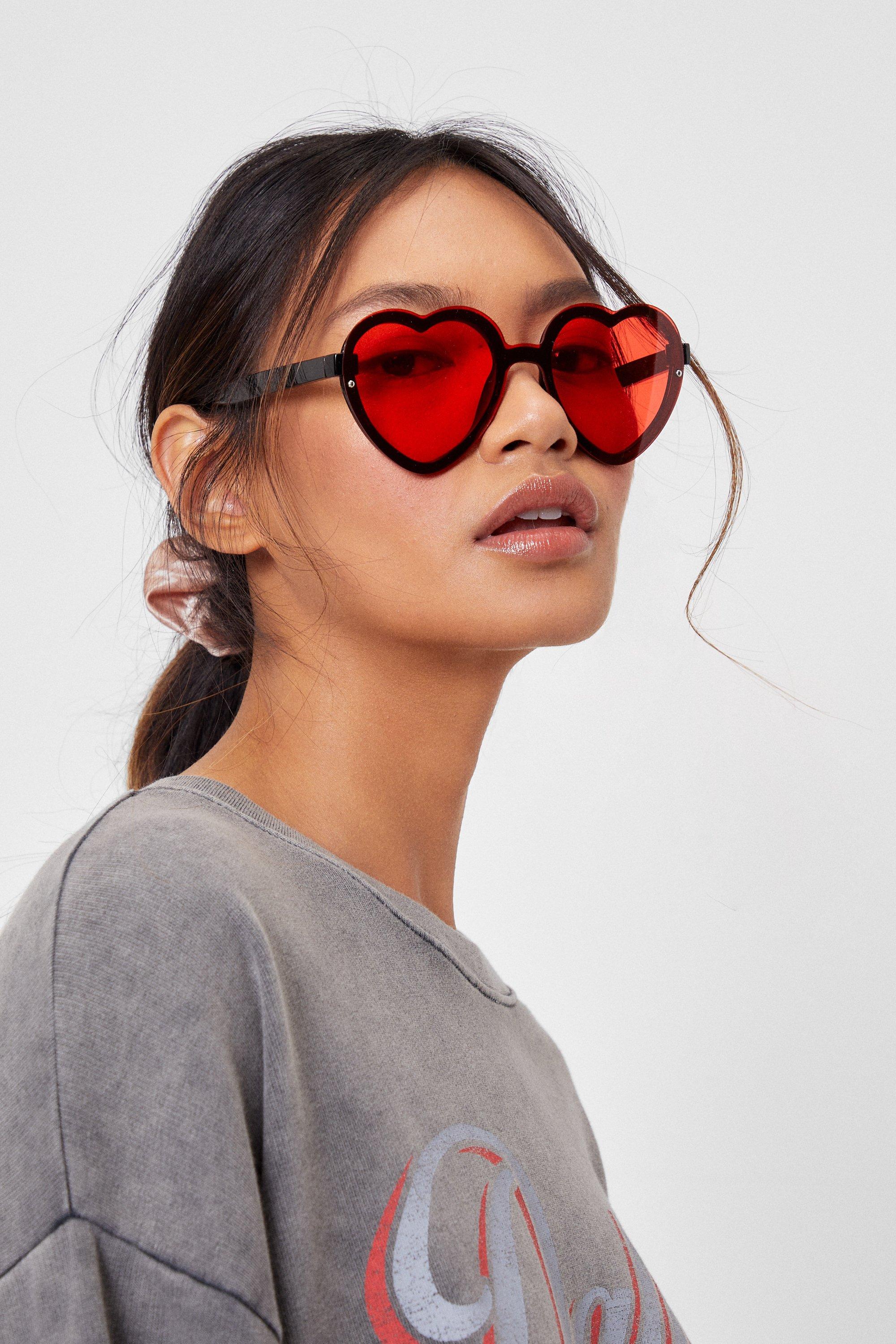 Womens Groovy Times Oversized Tinted Heart Glasses - Red - ONE SIZE