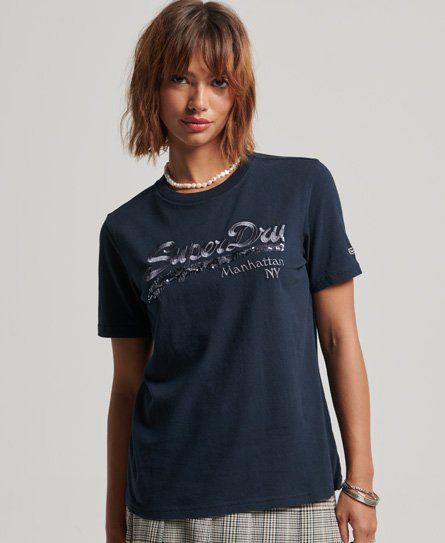 Superdry Women's Embellished Graphic Logo T-Shirt Navy / Eclipse Navy - Size: 8