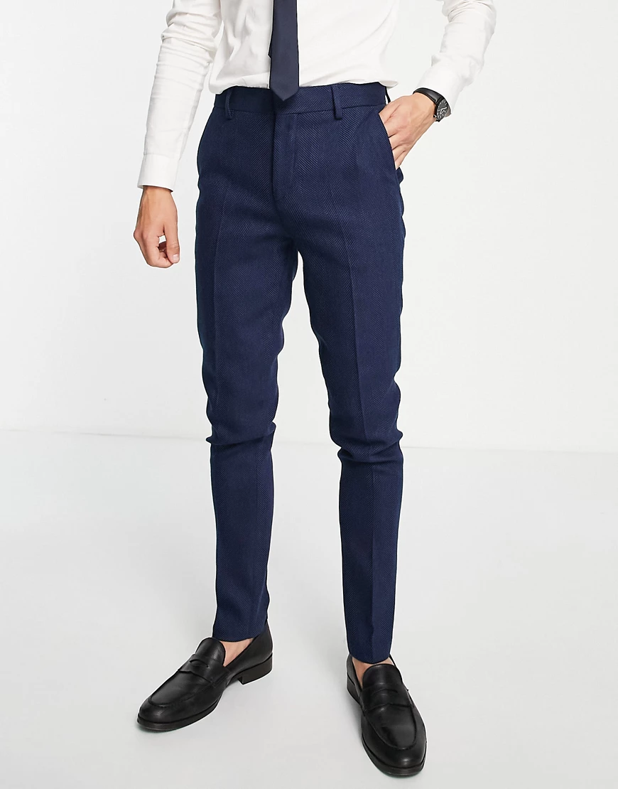 ASOS DESIGN wedding skinny wool mix suit trousers in navy herringbone