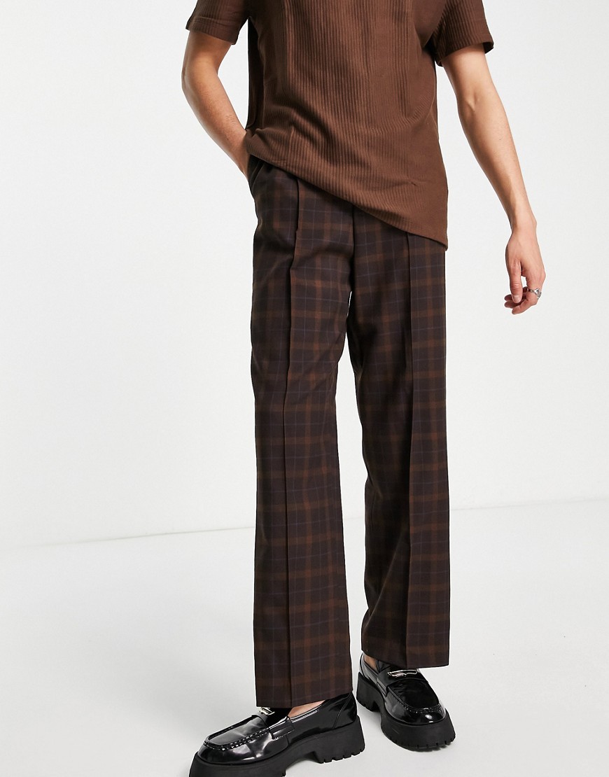 ASOS DESIGN wide leg smart trousers with brown highlight check and drawcord