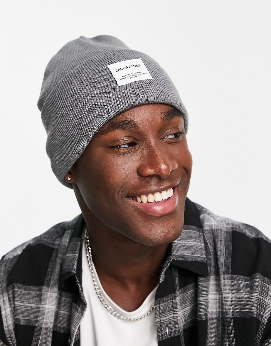 Jack & Jones long beanie with patch logo in grey