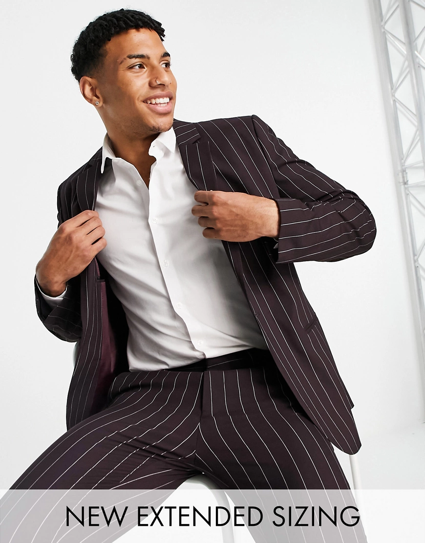 ASOS DESIGN skinny suit jacket with pinstripe in burgundy-Red