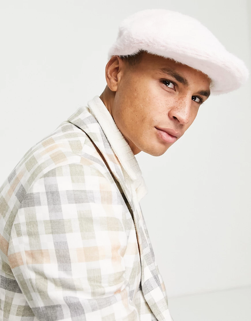 ASOS DESIGN flat cap with faux fur in pink