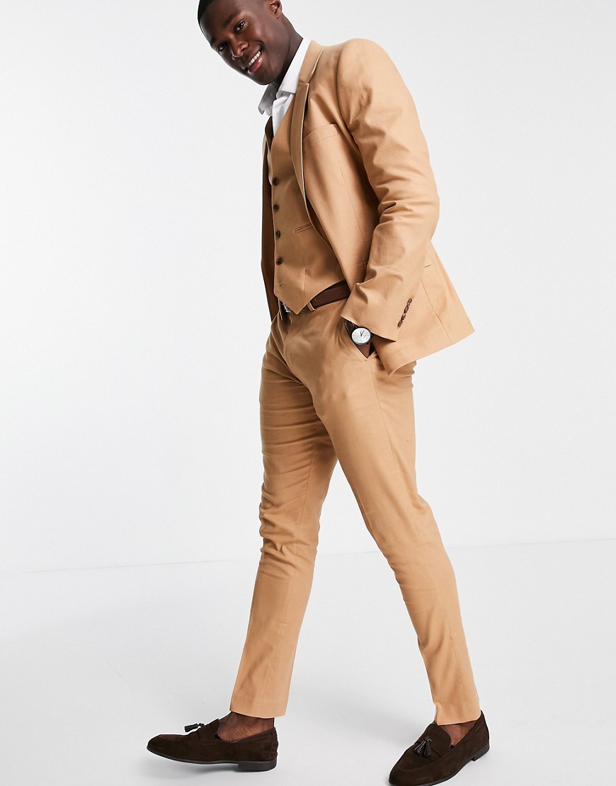 ASOS DESIGN skinny suit trousers in tan cotton linen-Brown