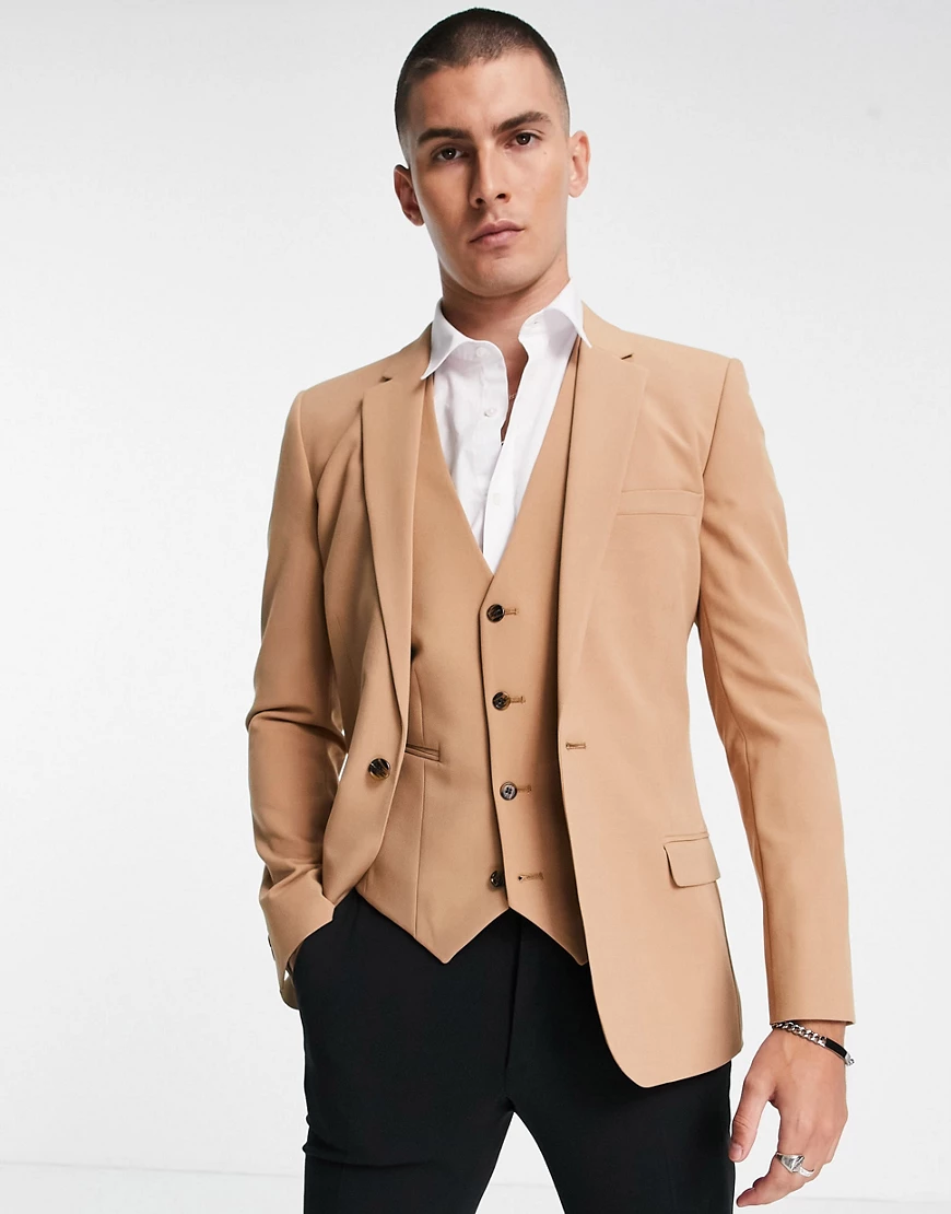 ASOS DESIGN super skinny suit jacket in camel-Brown