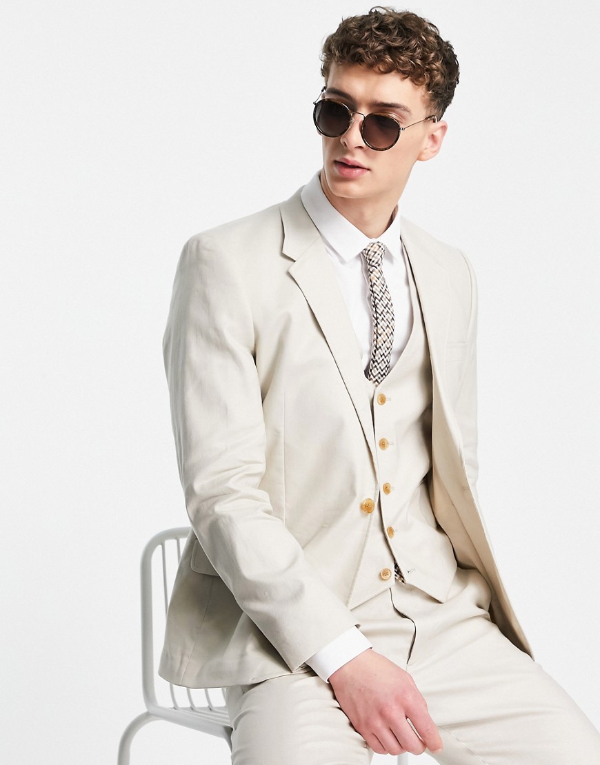 ASOS DESIGN skinny linen mix suit jacket in stone-Neutral