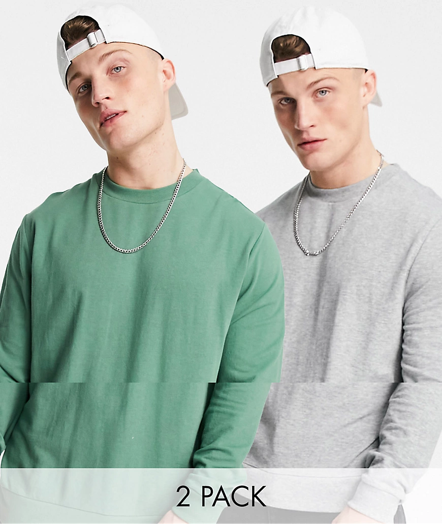 ASOS DESIGN lightweight sweatshirt in green/grey marl 2 pack-Multi