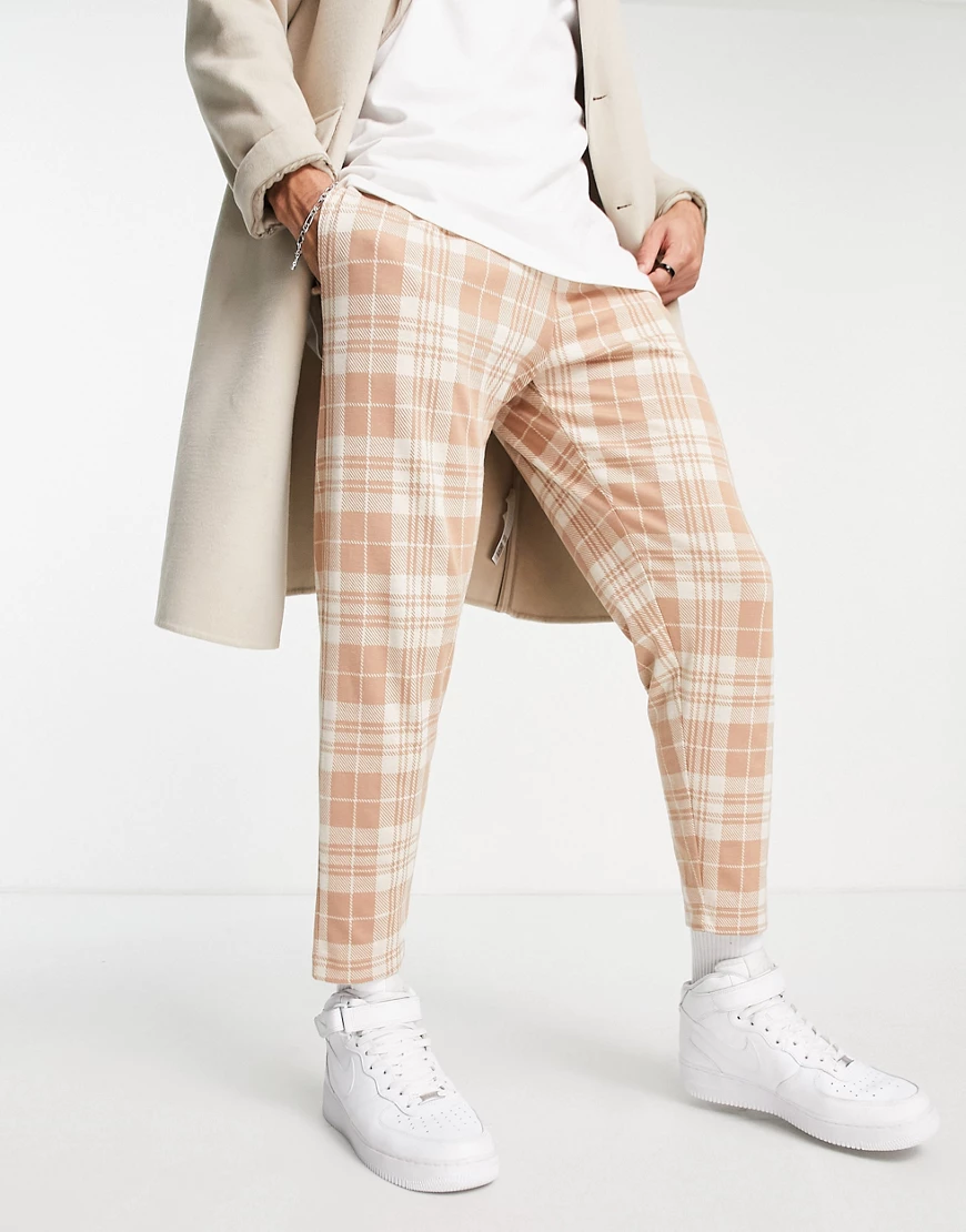 ASOS DESIGN tapered smart jogger in beige check-Multi