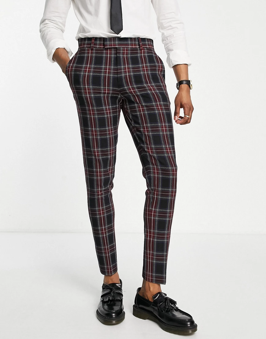 ASOS DESIGN skinny suit trousers in tartan check with yellow highlight-Green