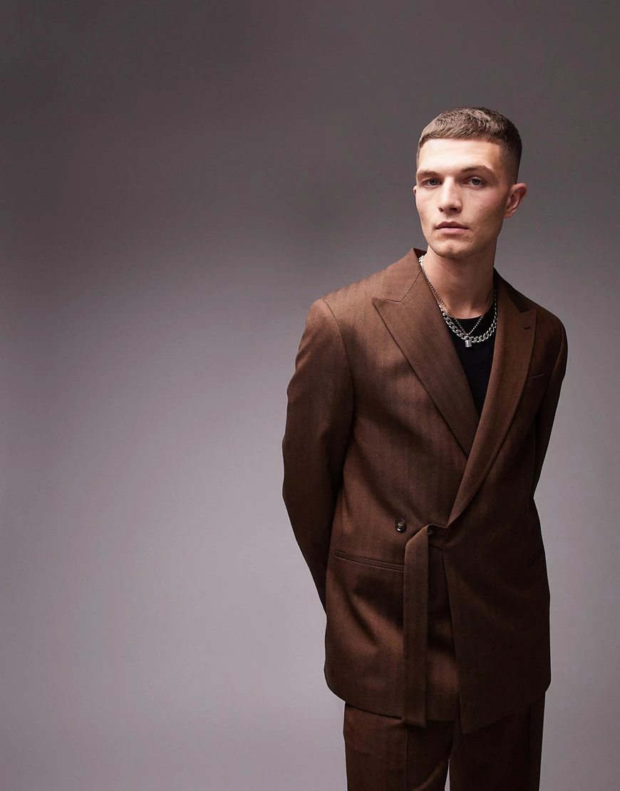 Topman relaxed wool mix herringbone wrap suit jacket in brown