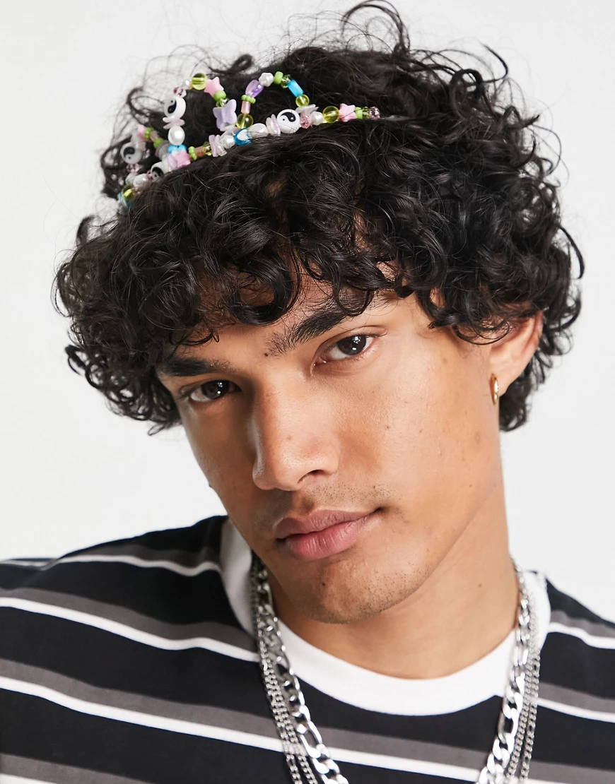 ASOS DESIGN beaded head crown with yin-yang and butterfly charms in multicolour