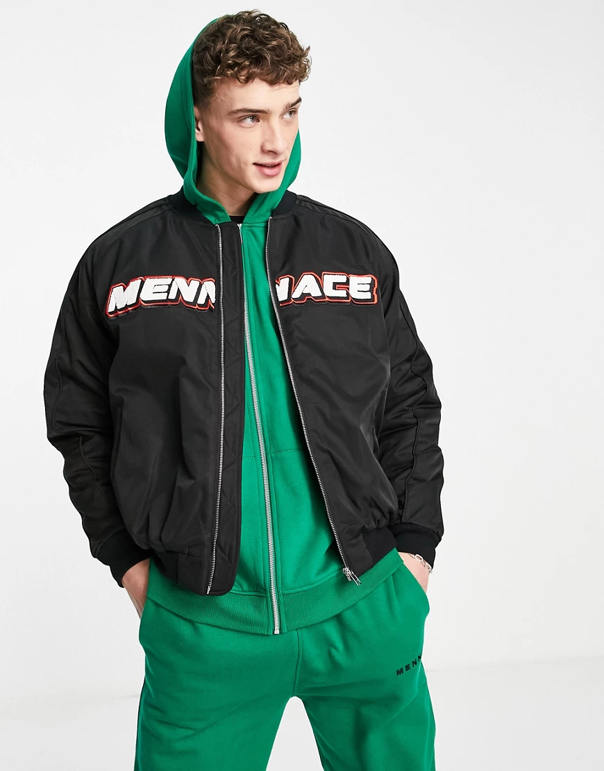 Mennace satin bomber jacket in black with logo applique