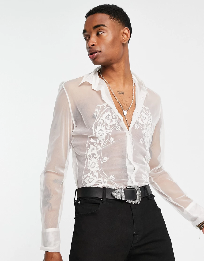 ASOS DESIGN skinny mesh shirt with placement embroidery in white