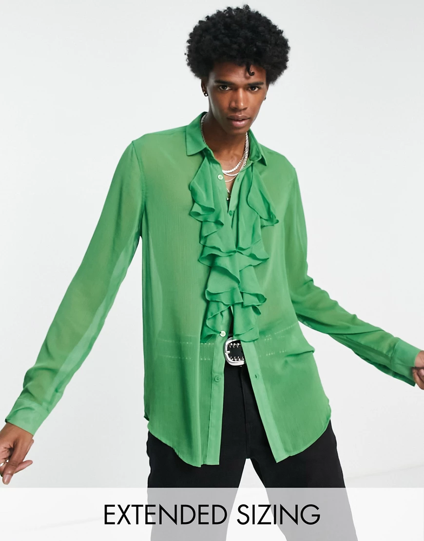 ASOS DESIGN regular sheer shirt with ruffle front in green