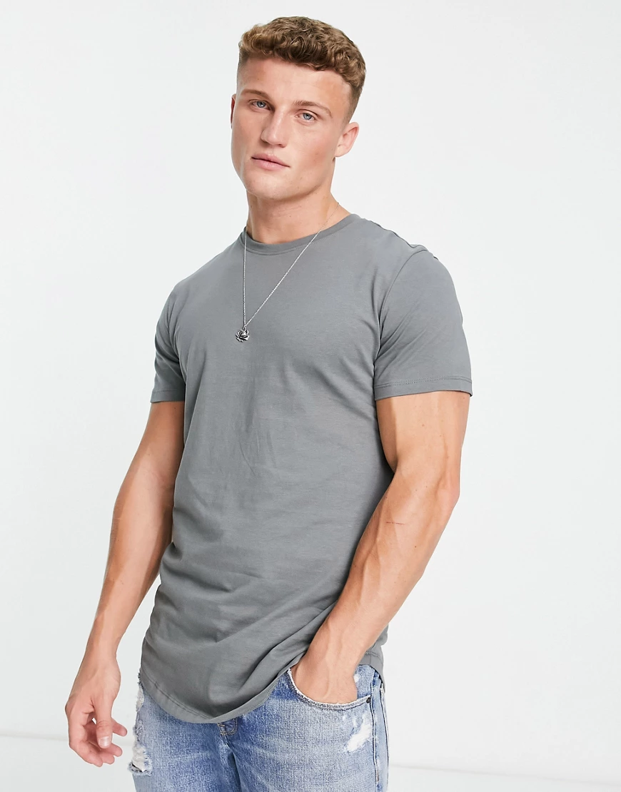 Jack & Jones Essentials cotton longline curve hem t-shirt in grey-Green