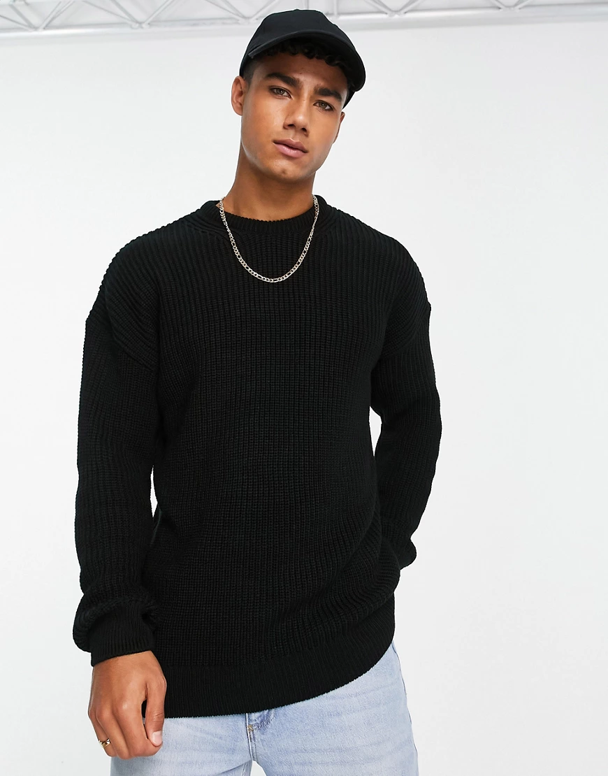 New Look relaxed fit knitted fisherman jumper in black