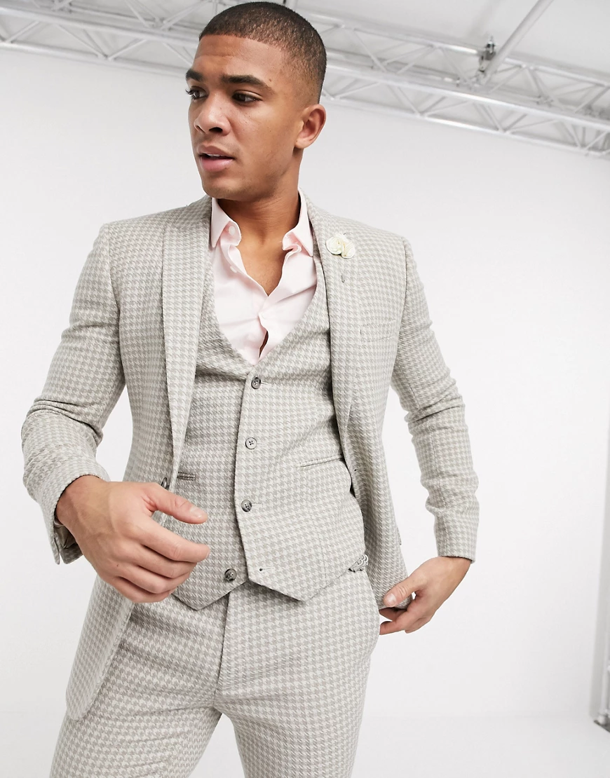 ASOS DESIGN wedding super skinny suit jacket in neutral wool blend houndstooth