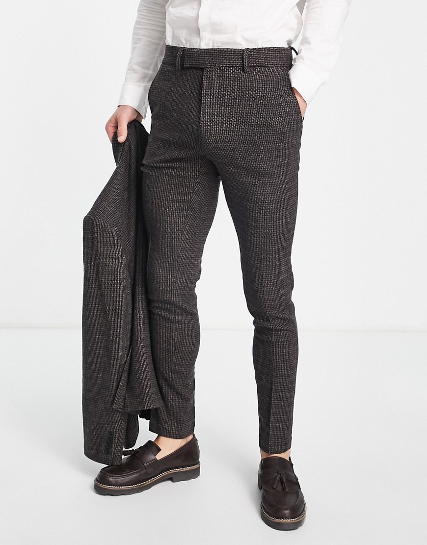 ASOS DESIGN skinny wool mix suit trousers in navy and brown micro check