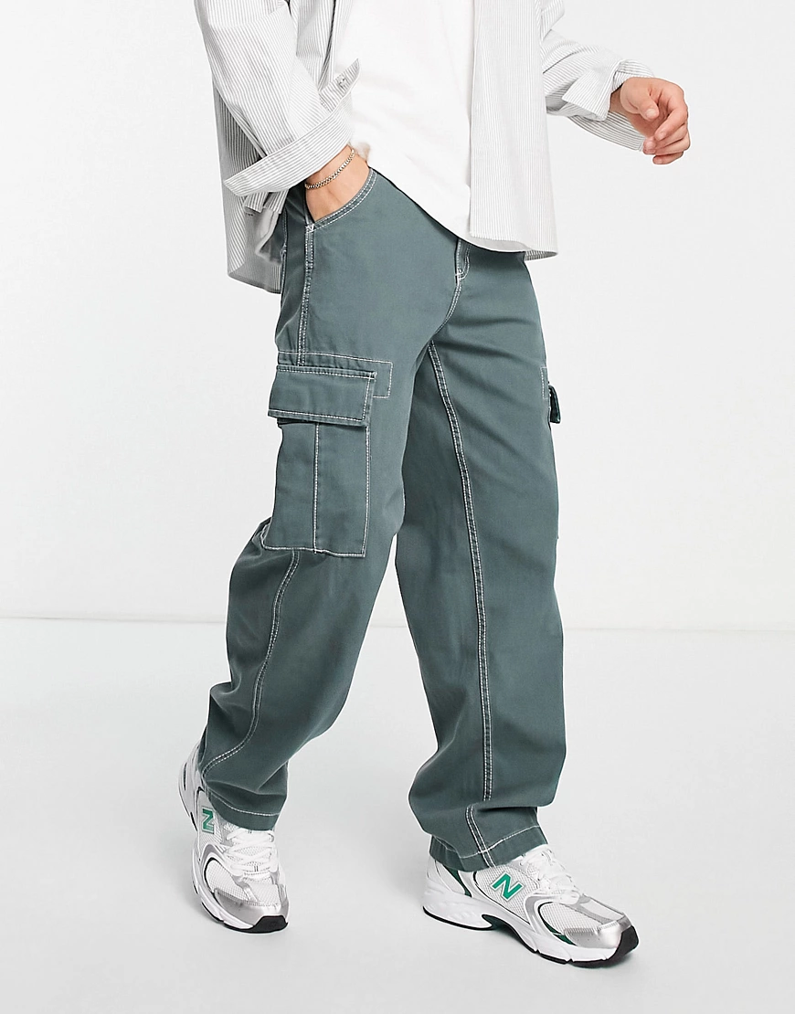 Bershka contrast stitch wide fit cargo pants in grey