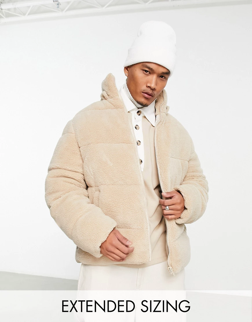 ASOS DESIGN borg puffer jacket with removable hood in ecru-Neutral