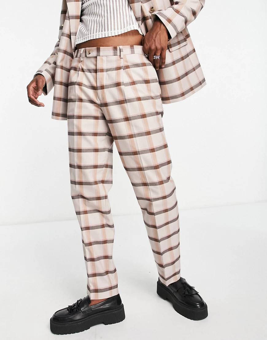 Viggo valle relaxed straight suit trouser in beige and brown check-Neutral