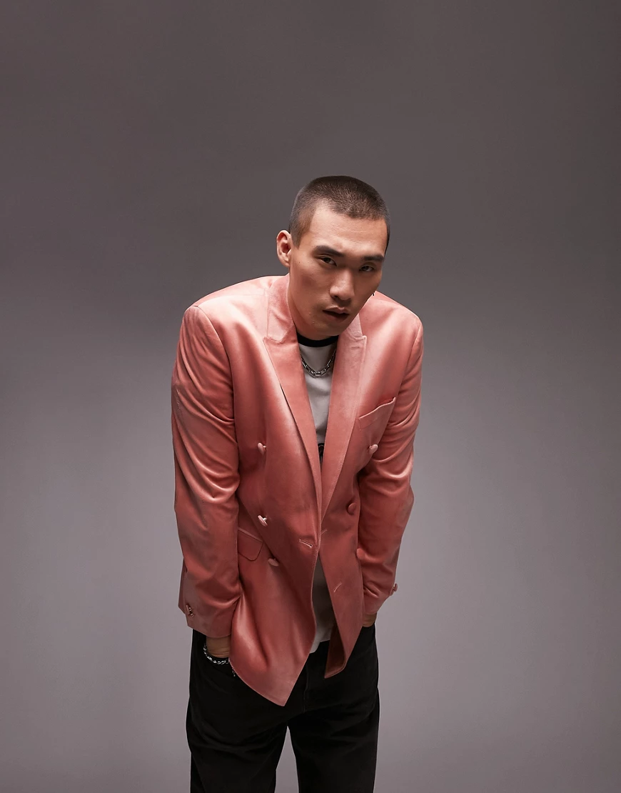 Topman slim double breasted six button velvet blazer in pink