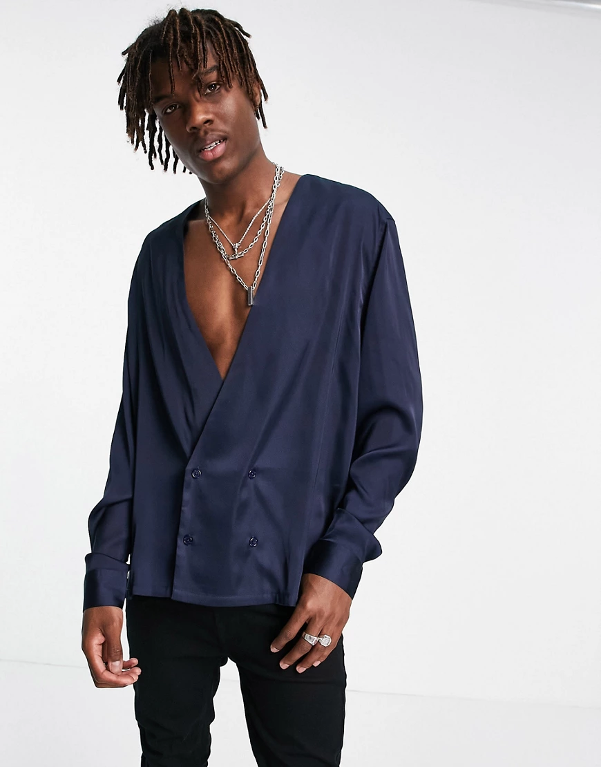 ASOS DESIGN satin shirt with double breasted front in navy