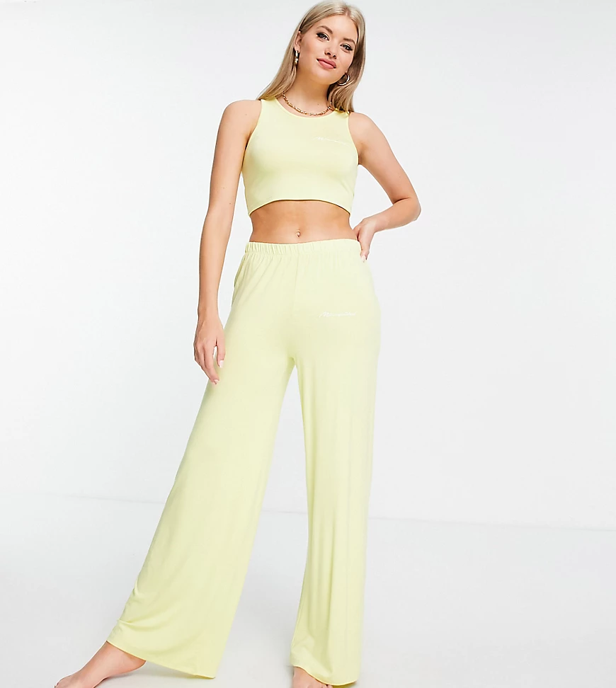 Missguided Tall crop top and wide leg trouser embossed pyjama set in yellow-Green