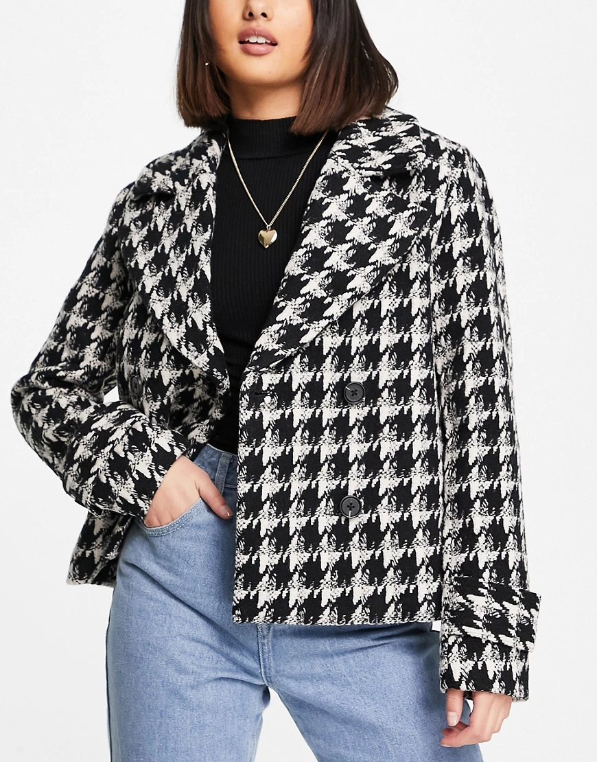 Forever New pea coat in houndstooth check-Black