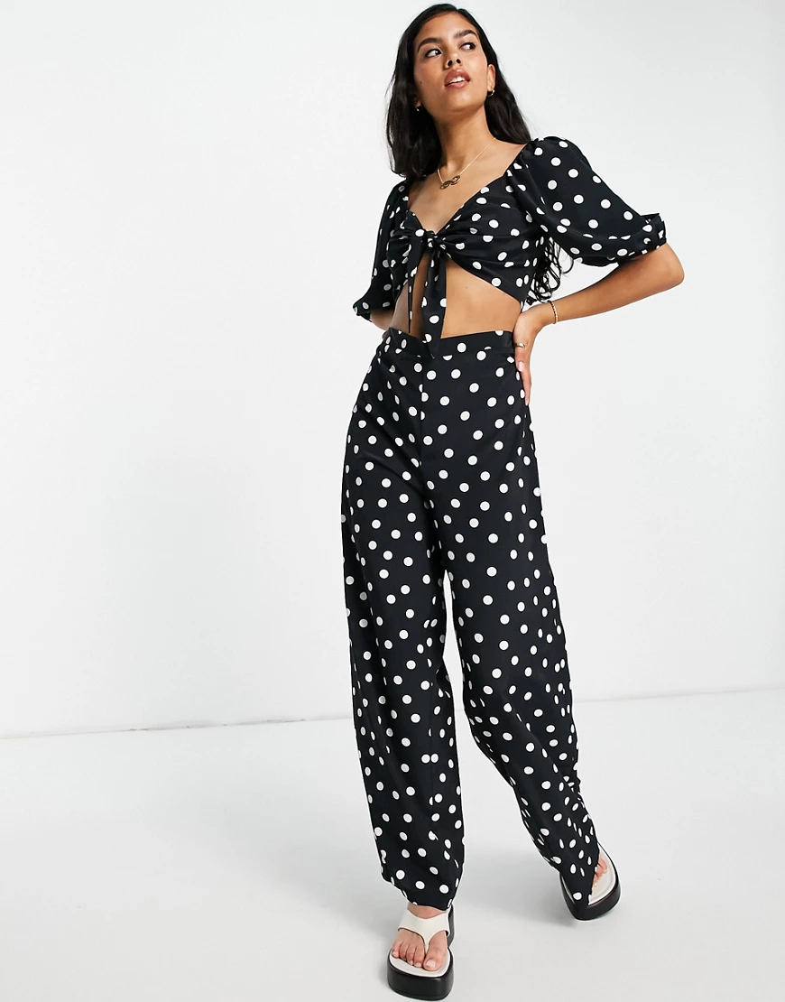 Miss Selfridge wide leg trouser in mono spot-Black