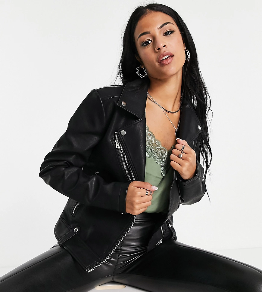 Topshop Tall faux leather biker jacket in black