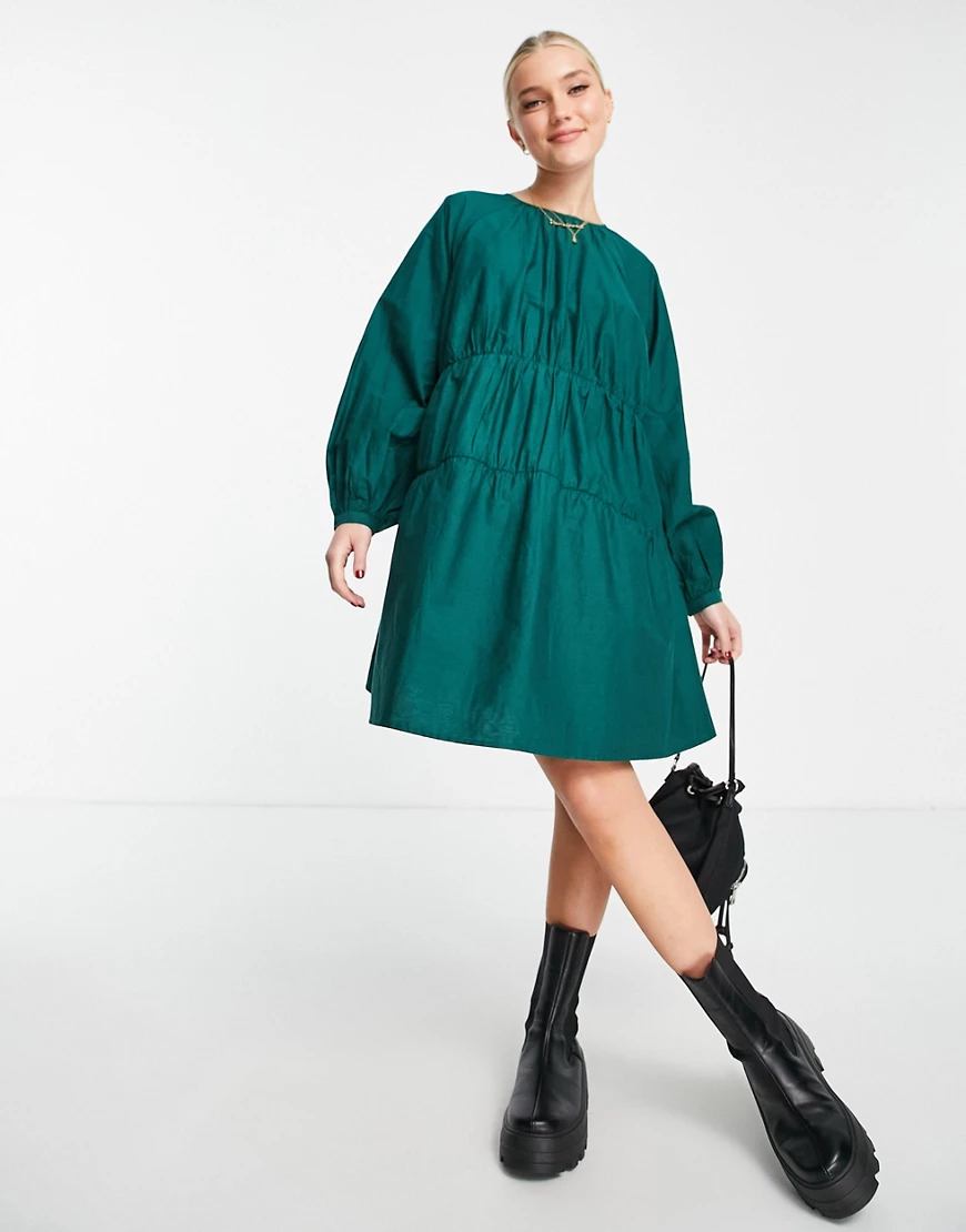 ASOS DESIGN cotton poplin tiered mini dress in bottle green