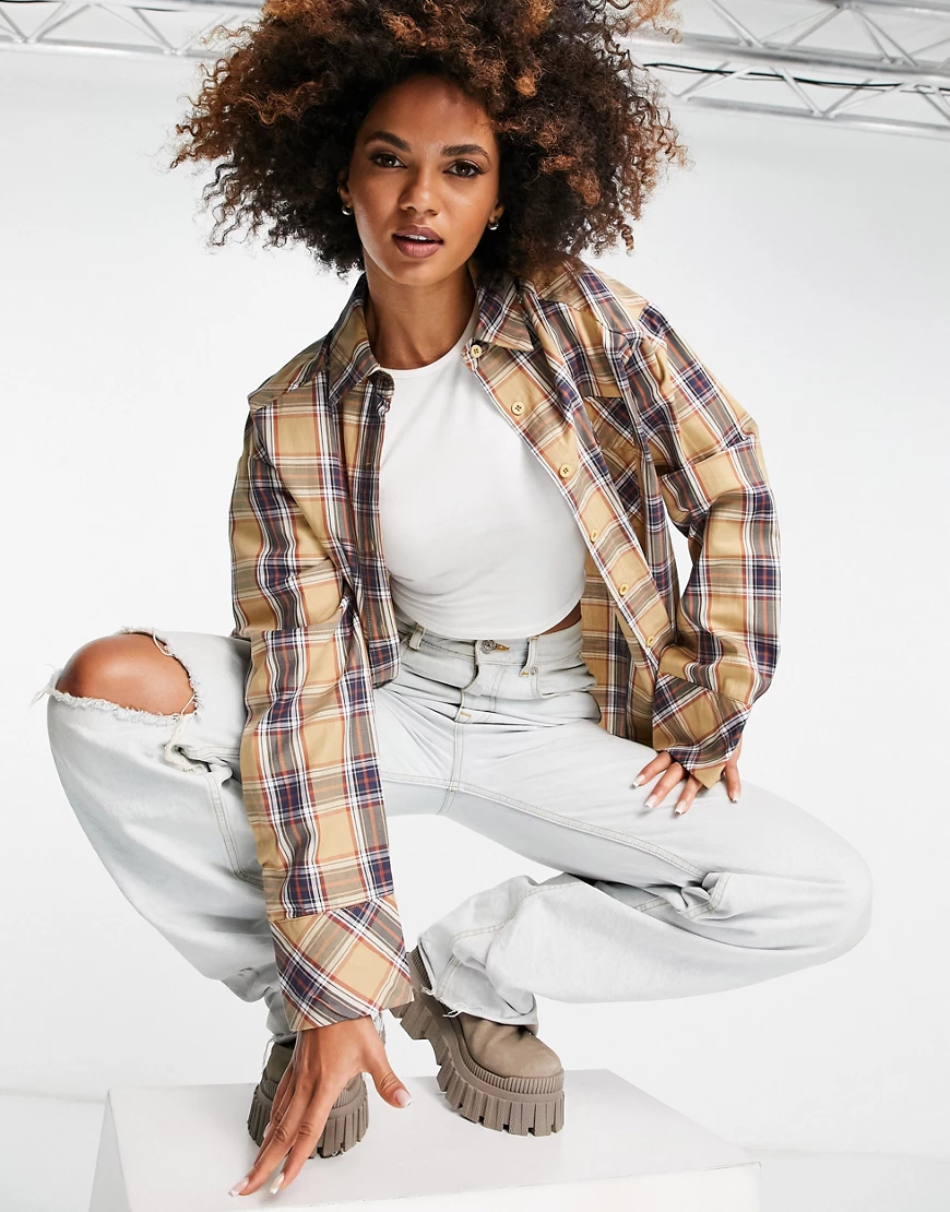 Public Desire oversized check shirt in beige-Multi