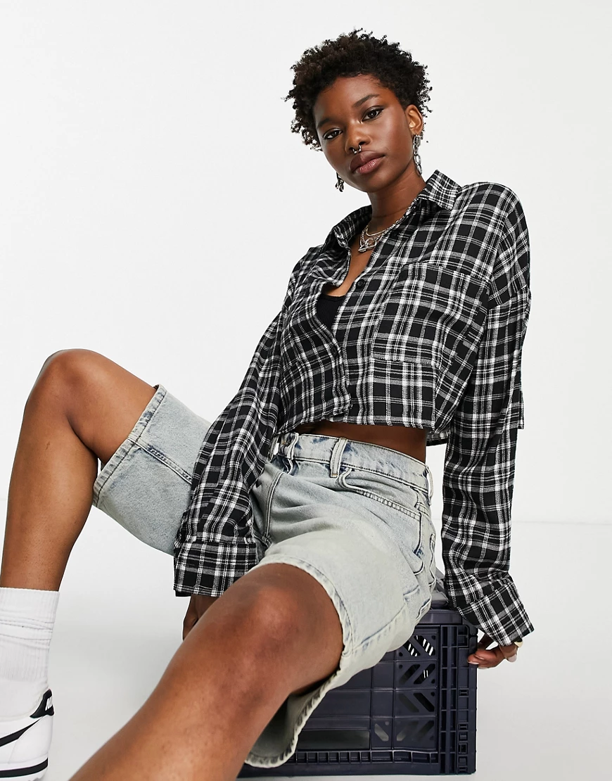 Heartbreak cropped shirt co-ord in black check-Multi