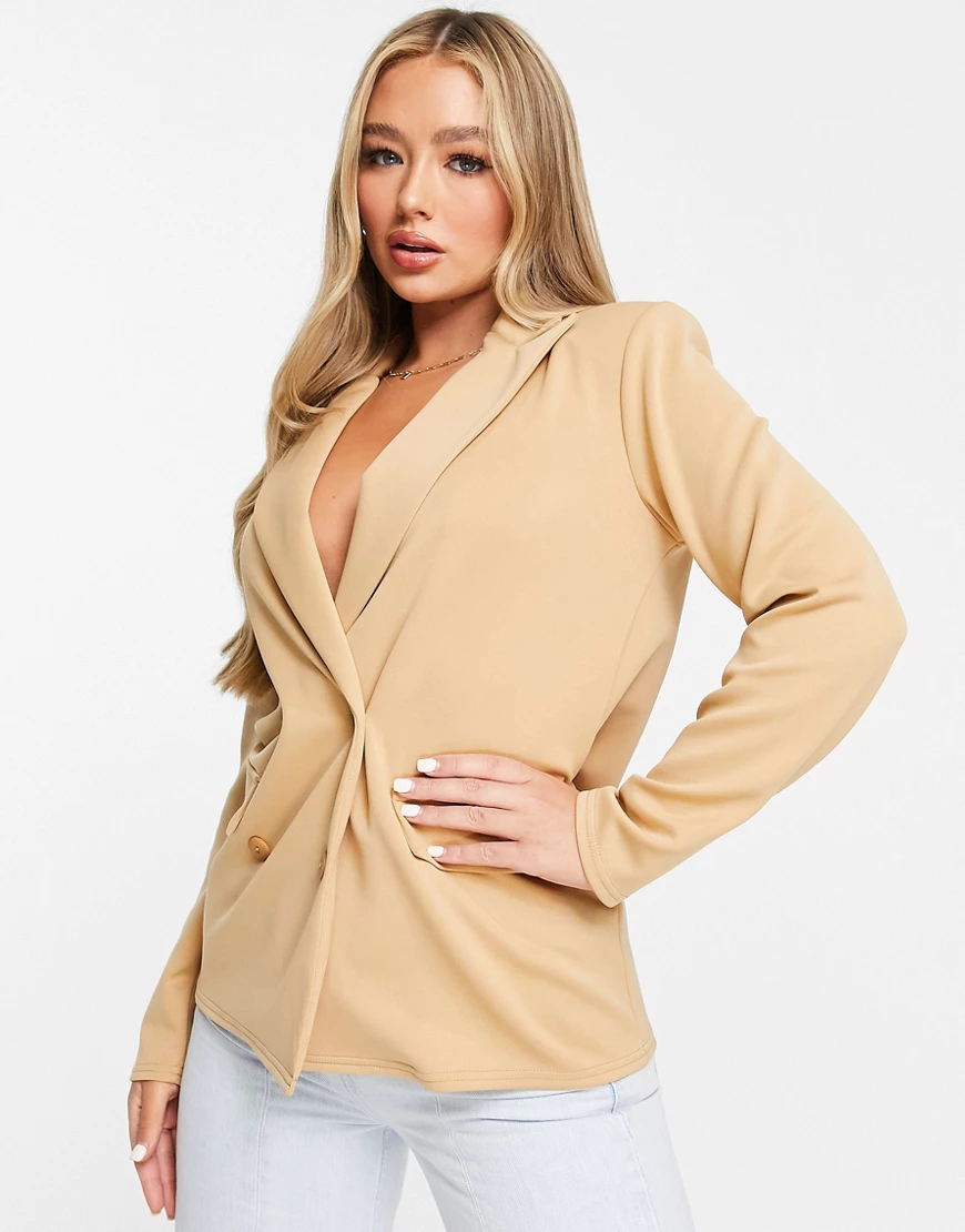 ASOS DESIGN structured jersey double breasted blazer in camel-Neutral