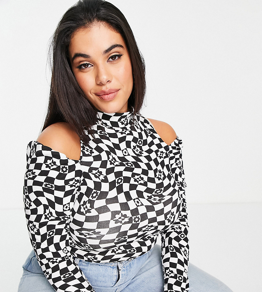 ASOS DESIGN Curve top with shoulder cut outs in mono check print-Multi